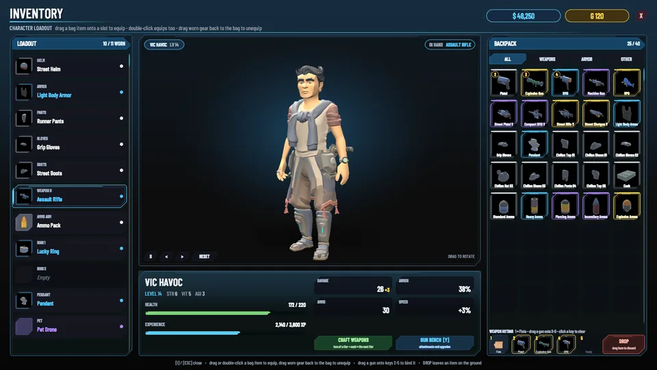 Character inventory showing equipped armour, an assault rifle, weapon hotbar and stat points