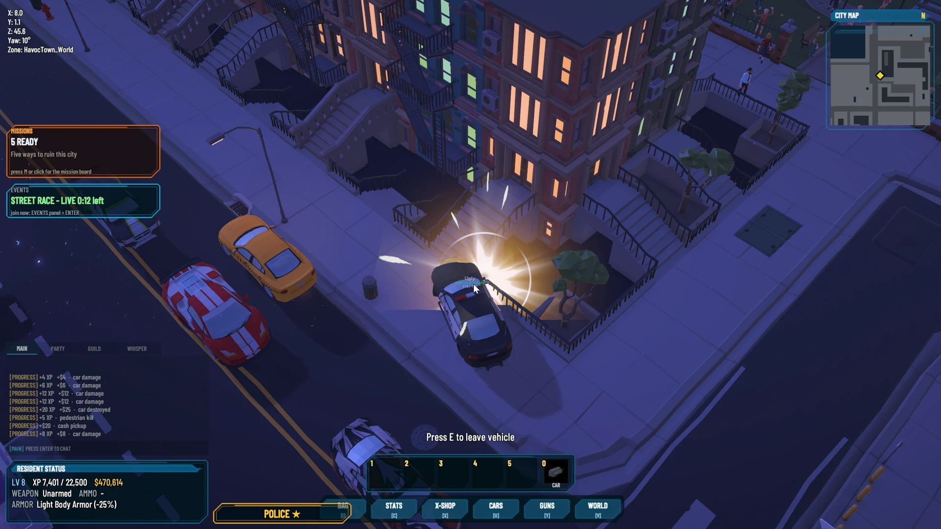 A police cruiser throws sparks beside a city building, with taxis, traffic and pedestrians in HavocTown’s overhead gameplay view