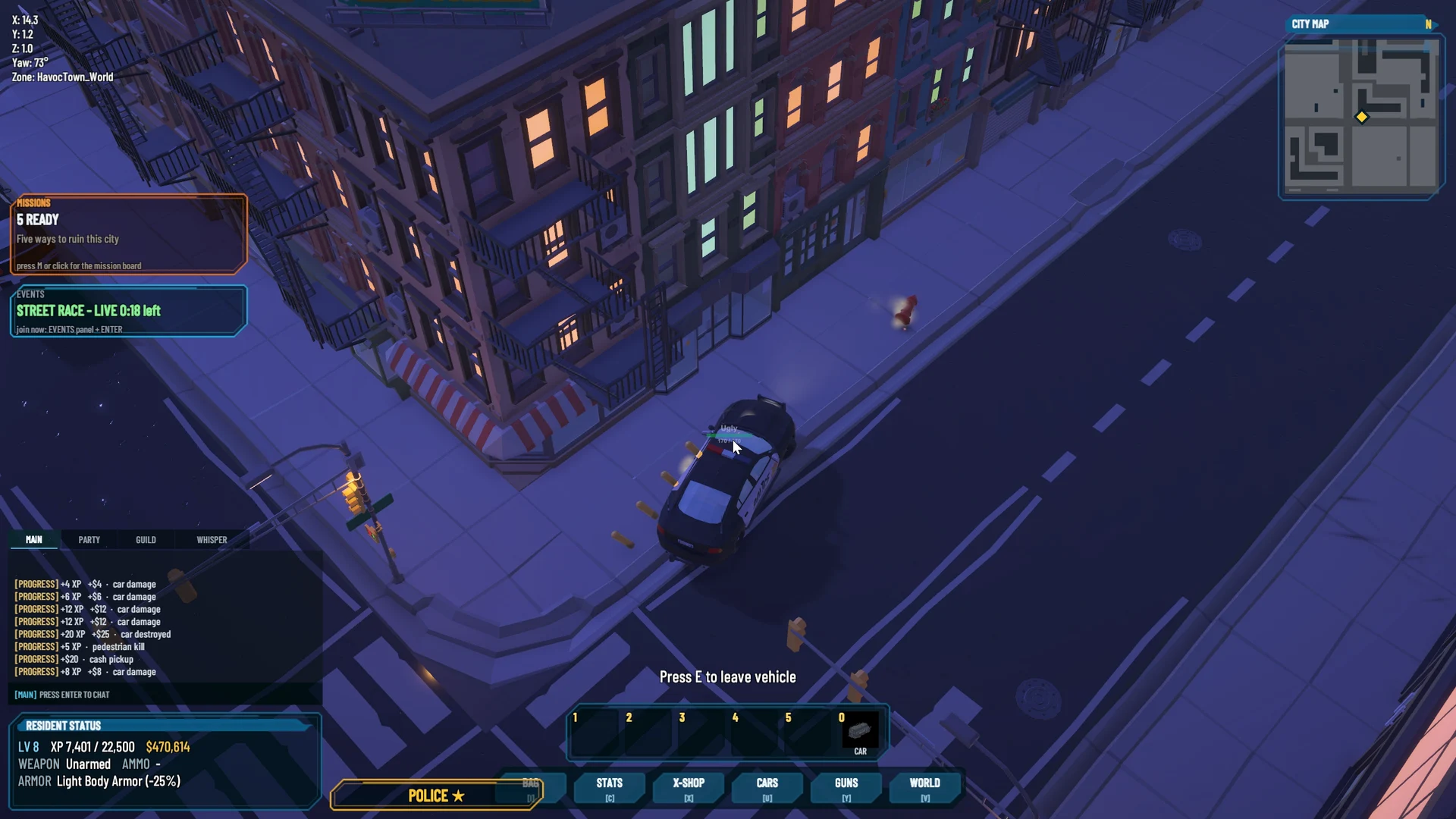 Overhead driving gameplay in HavocTown