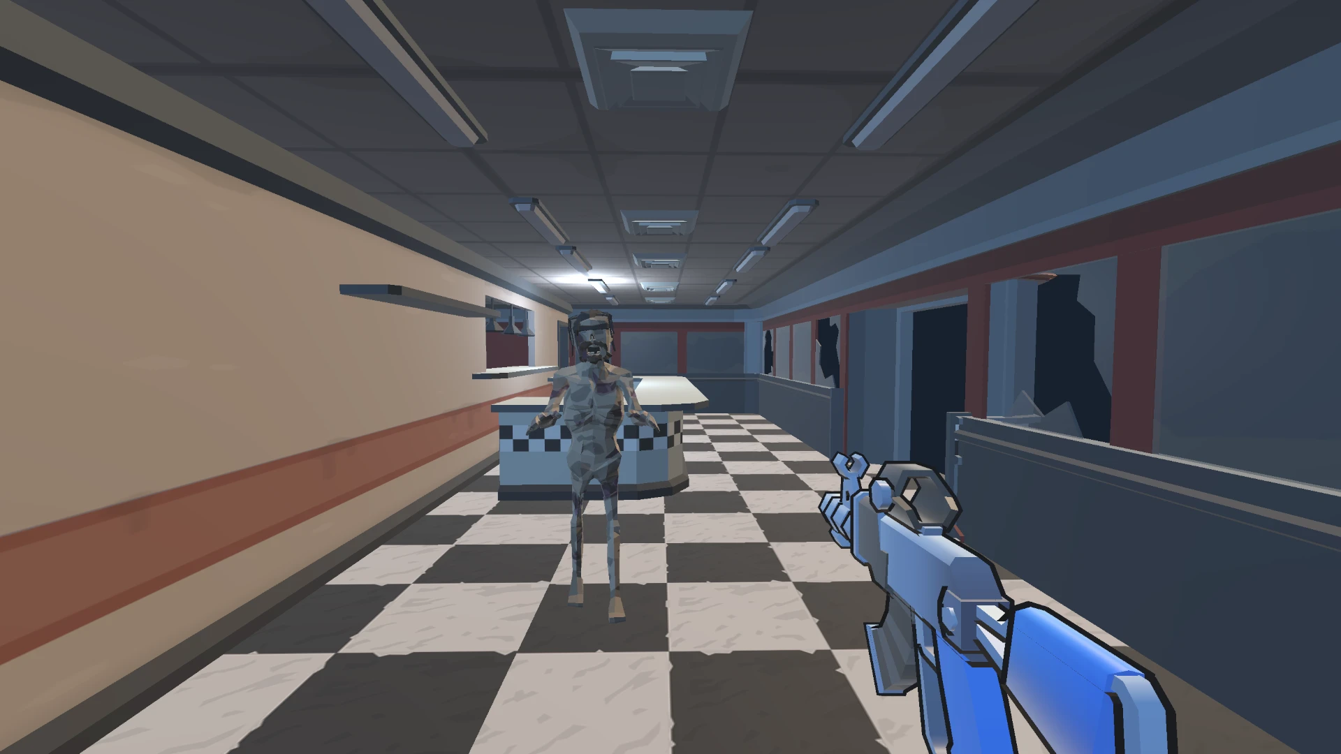 First-person assault rifle facing an approaching zombie inside the abandoned diner