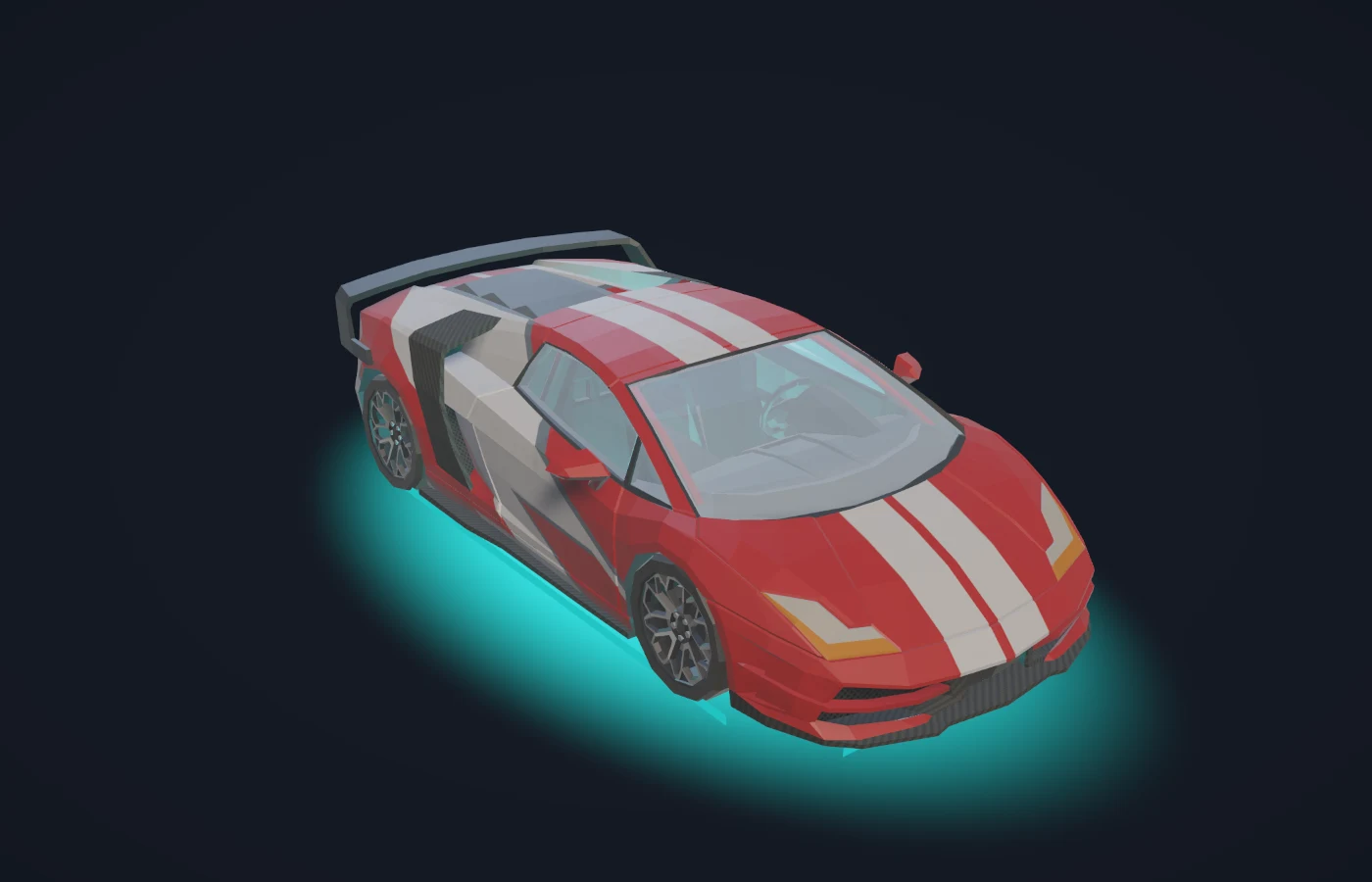 Exotic GT in race red with Cyber Cyan underglow, front three-quarter view