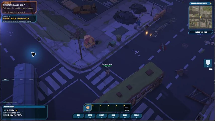 On-foot exploration in the training world with the minimap and character HUD