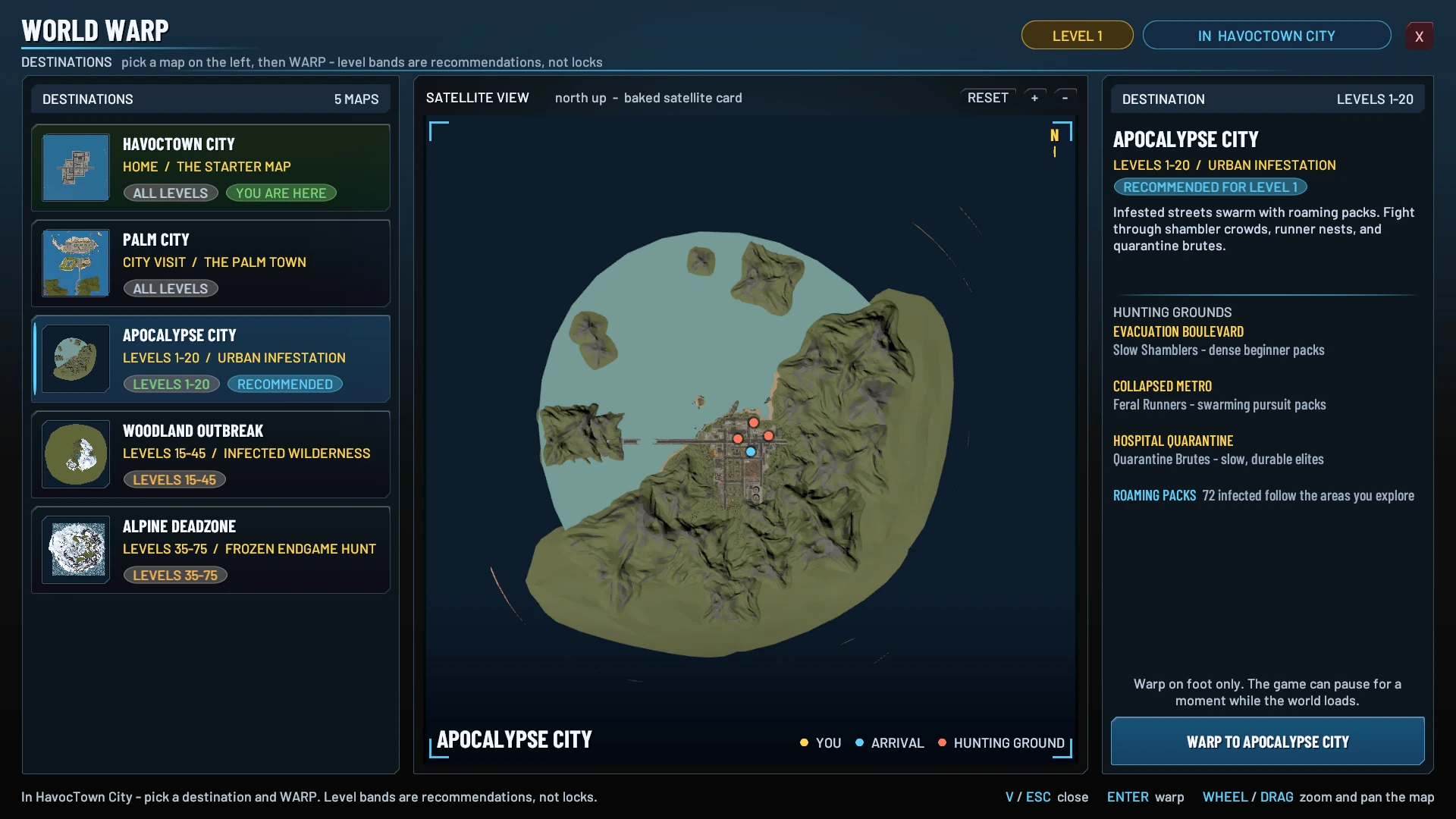 HavocTown WORLD travel panel with Apocalypse City selected and its recommended level range