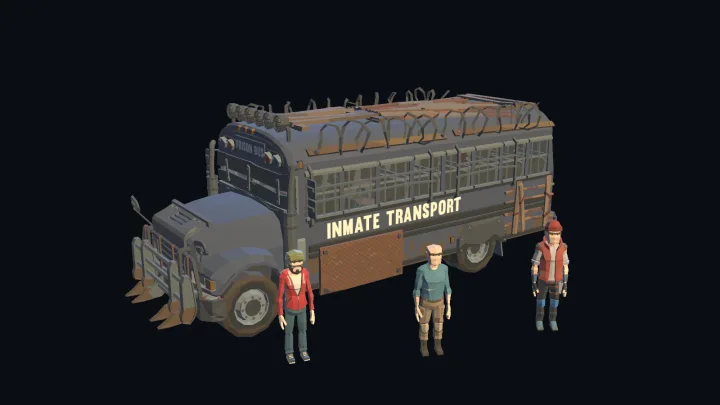 HavocTown’s armoured prison bus with reinforced windows, a front ram and three staged crew characters.