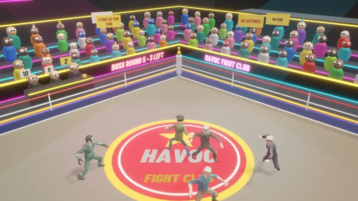 Brawlers and spectators in HavocTown’s neon Fight Club arena.