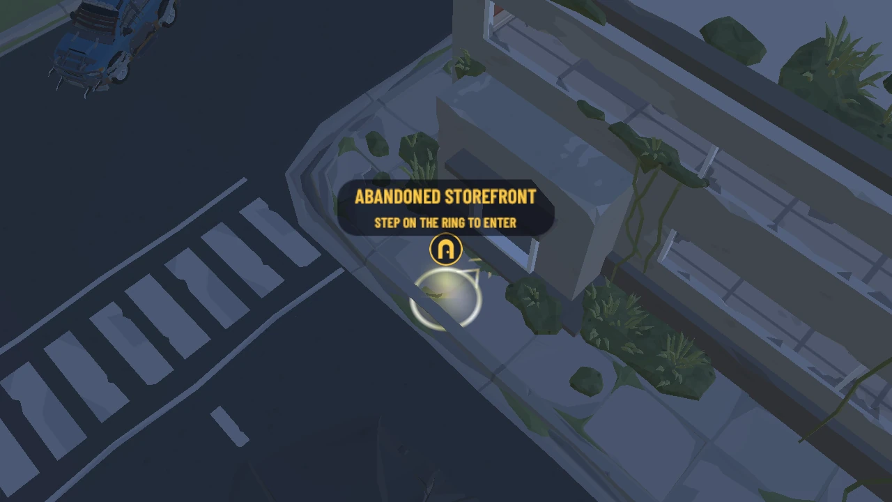 Gold entry ring at an open storefront door in Apocalypse City
