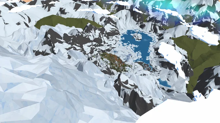 In-engine aerial preview of Alpine Deadzone, with snow-covered mountains surrounding an icy lake and a forested valley