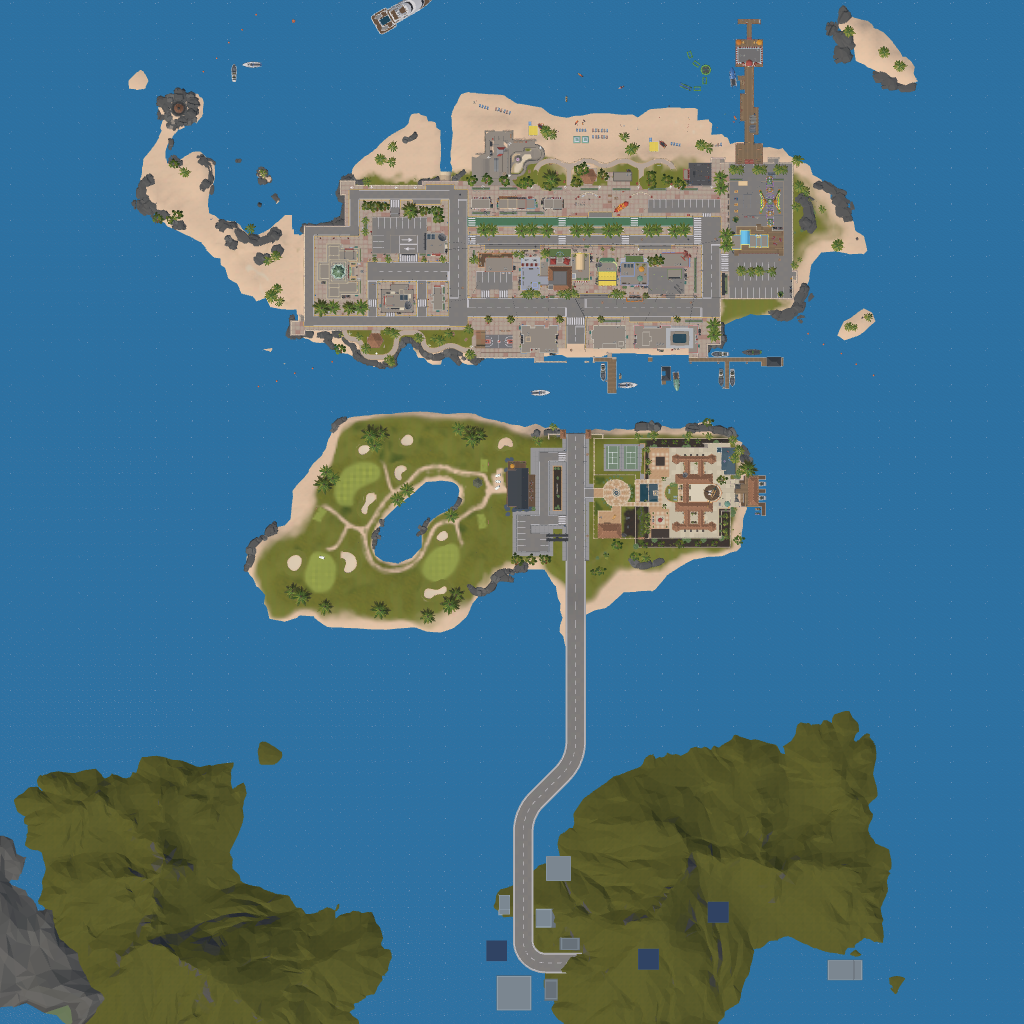 In-game world map of Palm City, with palm-lined roads, a marina, beachfront and connecting bridges