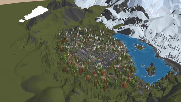 In-engine aerial preview of Woodland Outbreak, showing a forest settlement beside a lake and mountain slopes