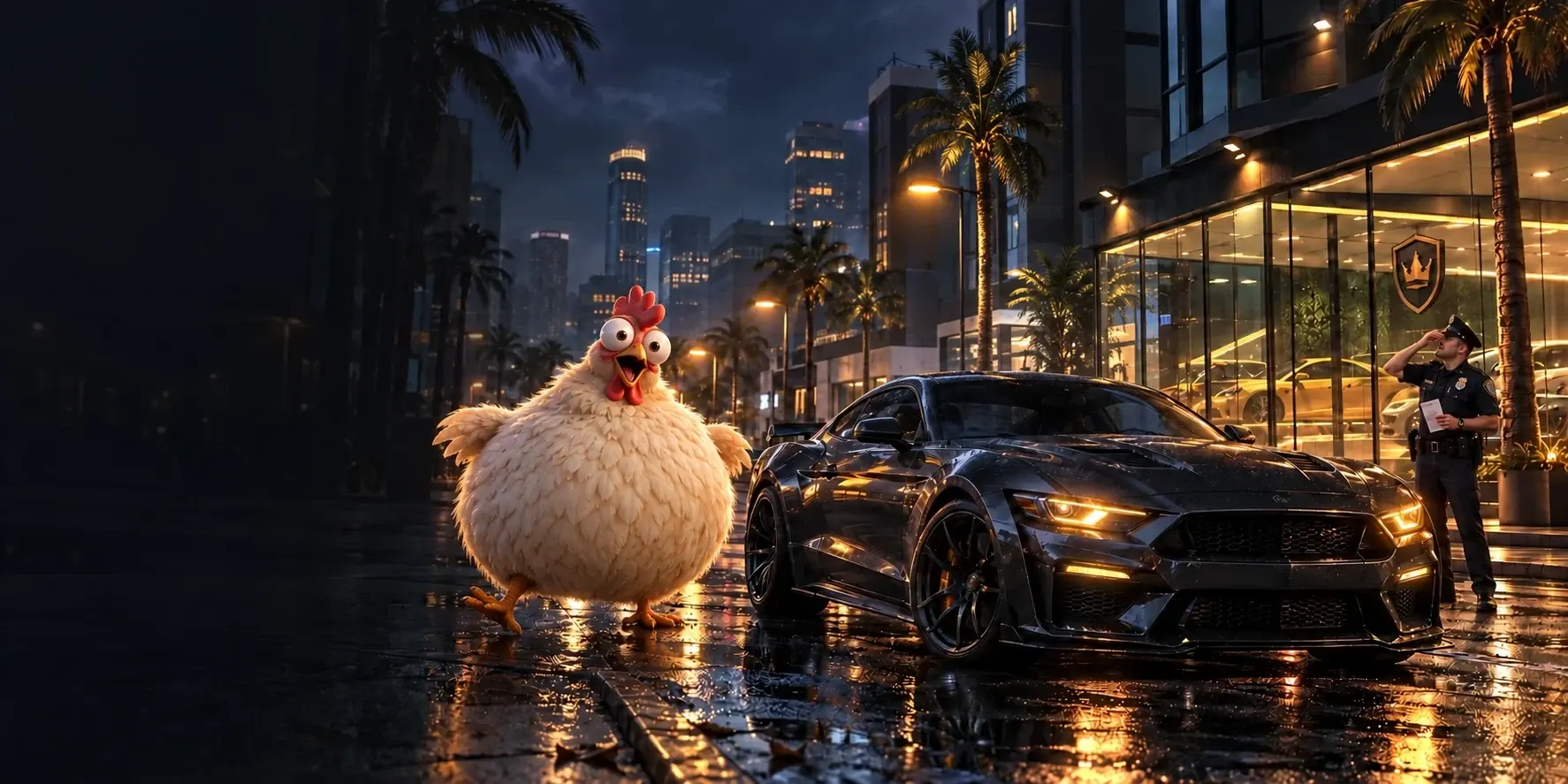 Promotional artwork: a giant chicken and a police officer beside a black sports car on a rainy HavocTown street