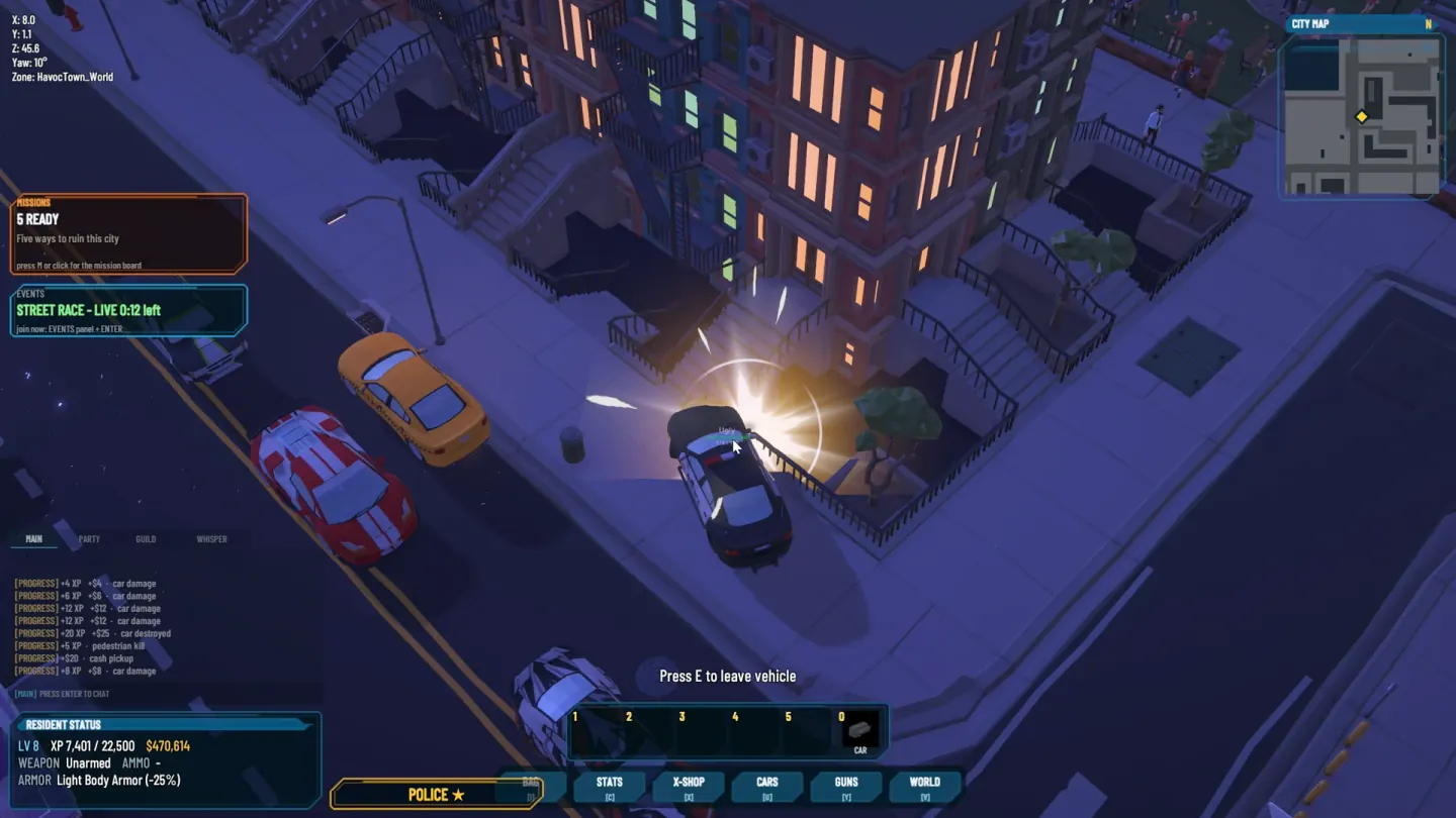 A car hits a street railing as police vehicles close in during recorded HavocTown alpha gameplay
