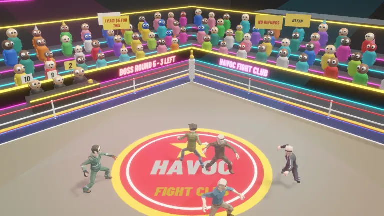 Brawlers in the neon Fight Club ring with spectators around the arena