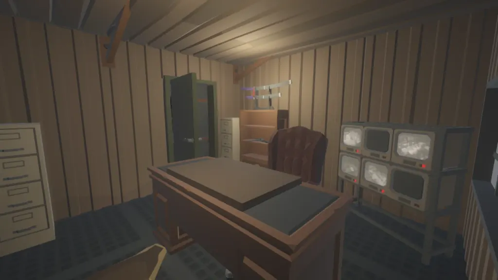 Office desk, CCTV monitors and weapon displays inside the guild headquarters environment